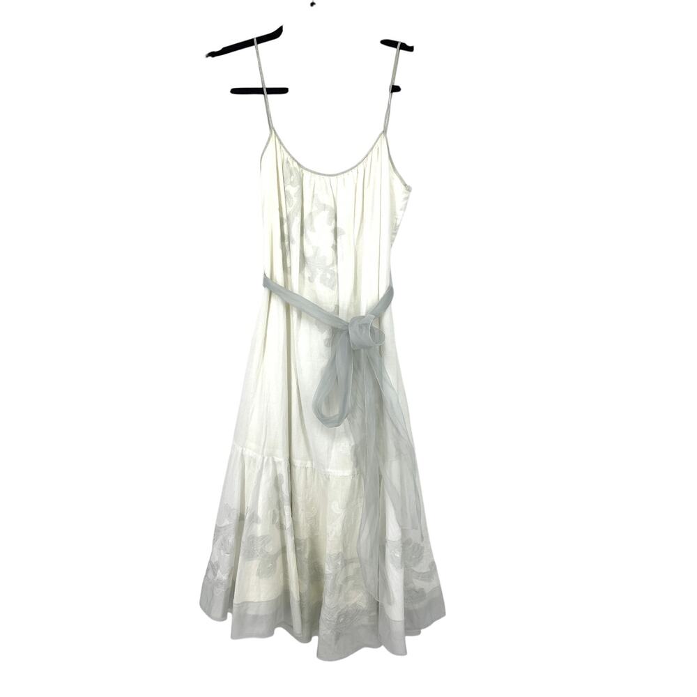 Elie Tahari A-Line Sleeveless Dress Womens Size 4 White Cotton Gray Ribbon Tie